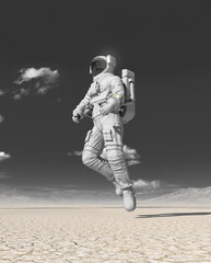 Wall Mural - astronaut is walking in the desert of another planet after rain bottom view