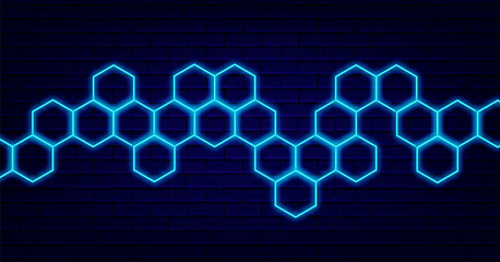 Blue honeycomb neon decoration. Polygonal shape. Abstract signboard. Shiny flyer on brick wall. Vector illustration