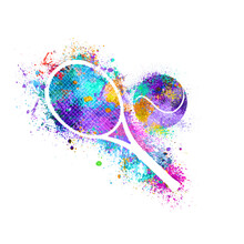 Watercolor Tennis Bat And Ball On White Background