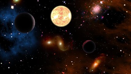 Wall Mural - Space flight slowly moving through universe among planets galaxies stars and nebulae