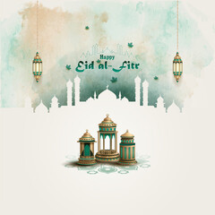 Islamic greetings eid al fitr card design with lanterns