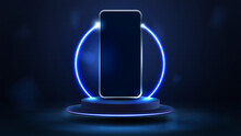 Smartphone On Blue Podium Floating In The Air With Blue Neon Ring On Background.