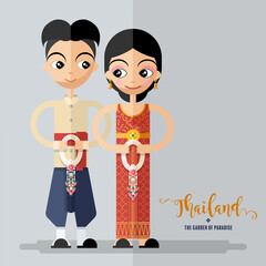 Cute cartoon characters girl in traditional dresses of thailand or thai traditional dance costume  in flat design color style on paper background