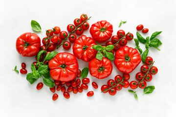 Sticker - Tomatoes and basil on white background, top view, flat lay