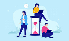 Deadline Hourglass And Group Of Effective Business People Working Against Time. Flat Design Vector Illustration With Blue Background