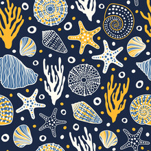 Sea Bottom Seamless Pattern.Summer Beach Hand-drawn Seaside Vector Print.Undersea World Cartoon Background With Sea Urchin, Starfish, Shell, Coral. Seashore Elements Design For Fabrics, Wallpaper