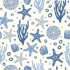 Sea bottom seamless pattern.Summer beach hand-drawn seaside vector print.Undersea world cartoon background with sea urchin, starfish, shell, coral. Seashore elements design for fabrics, wallpaper