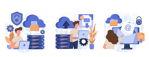 Wall Mural - Cloud computing isolated set. Secure connection, storage and cloud technology. People collection of scenes in flat design. Vector illustration for blogging, website, mobile app, promotional materials.