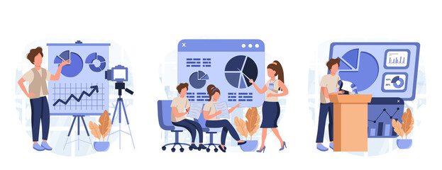 Wall Mural - Coach speaking collection of scenes isolated. People learn at business training, career development, set in flat design. Vector illustration for blogging, website, mobile app, promotional materials.
