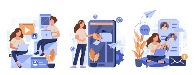 Wall Mural - Email service isolated set. Advertising or newsletter, personal correspondence. People collection of scenes in flat design. Vector illustration for blogging, website, mobile app, promotional materials