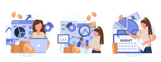 Sales performance isolated set. Financial profit growth, increase in earnings. People collection of scenes in flat design. Vector illustration for blogging, website, mobile app, promotional materials.