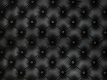 Upholstery Of Leather Buttoned Black Color Fabric, Wall Pattern. Elegant Vintage Quilted Sofa Background. Interior 