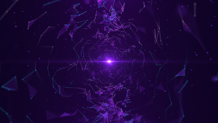 Wall Mural - Abstract purple background. A futuristic tunnel of moving lines and dots. Network connection. Internet connection worldwide. Visualization of big data. 3d rendering.