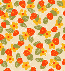 Wall Mural - Strawberry and flower seamless pattern on yellow background. Summer fruit background for branding, package, fabric and textile, wrapping paper