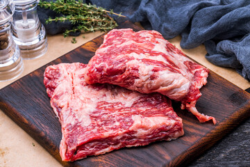 raw beef steak machete on wooden board