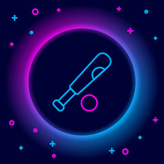 Wall Mural - Glowing neon line Baseball bat with ball icon isolated on black background. Colorful outline concept. Vector