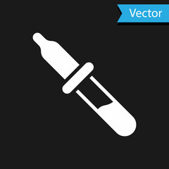 Poster - White Pipette icon isolated on black background. Element of medical, chemistry lab equipment. Medicine symbol. Vector