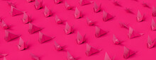 Collection Of Pink Origami Birds On Pink Background. Contemporary Design With Folded Paper Birds.