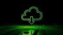 Green Neon Light Cloud Download Icon. Vibrant Colored Data Storage Technology Symbol, On A Black Background With High Tech Floor. 3D Render