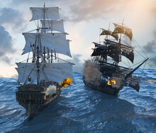 Sea Battle, Sailing Pirate Ship Sailing On The Sea 3D Render