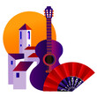 andalusian town with guitar and red fan vector illustration