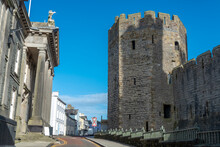 Caernarfon Castle,low Angle View Of Exterior Walls,Wales,United Kingdom.
