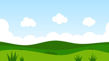 Landscape Cartoon Scene With Green Hills And White Cloud In Summer Blue Sky Background