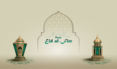 Islamic greetings eid al fitr card design with two lanterns