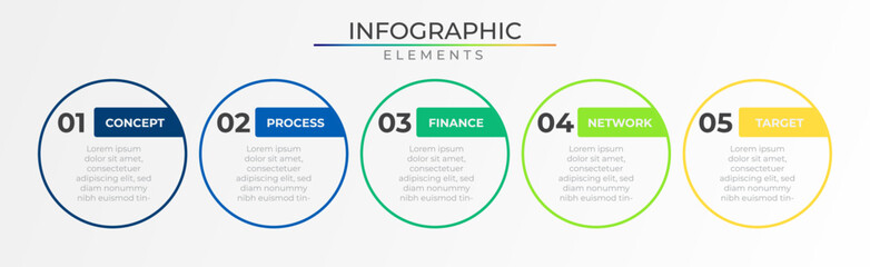 Business modern circular five steps infographic design vector. Horizontal row concept network project template for presentation and report.	
