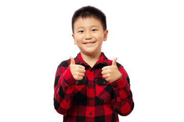 Kid smiling with two thumbs up wearing red shirt isolated on white