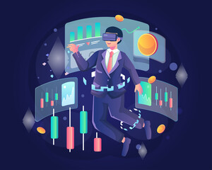 Wall Mural - a businessman wearing VR headsets analyzes digital trading charts and stock trading on the virtual dashboard screen interface in Metaverse. Flat vector illustration