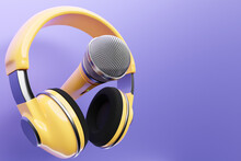 Microphone, Round Shape Model And  Yellow Wireless Headphones On  Purple Background, Realistic 3d Illustration. Music Award, Karaoke, Radio And Recording Studio Sound Equipment