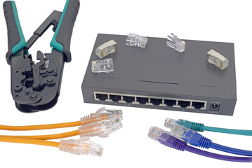 Sticker - Network switch, ethernet cable, crimper isolated on white