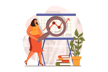 Financial analysis web concept in flat design. Woman making marketing research and doing report at business conference. Audit, investment and accounting. Vector illustration with people scene