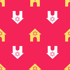 Wall Mural - Yellow Jewish synagogue building or jewish temple icon isolated seamless pattern on red background. Hebrew or judaism construction with David star. Vector