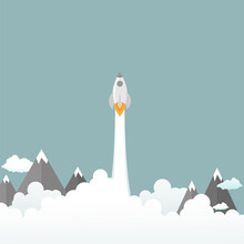 Rocket Ship Launch Among Mountains And Clouds. Rocket Takes Off Into Space.