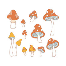 Boho Retro 70s 60s Summer Groovy Mushrooms Vector Illustration Set Isolated On White. Bohemian Hippie Flower Power Vibes Whimsy Floral Fly Agaric Fungus Print Collection.