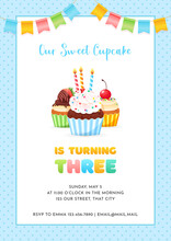 Birthday Invitation Card Template For Children Party. Our Sweet Cupcake Is Turning Three. Cute Illustration Of Three Cupcakes And Bunting Flags On A Blue Dotted Background.