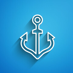 Sticker - White line Anchor icon isolated on blue background. Long shadow. Vector