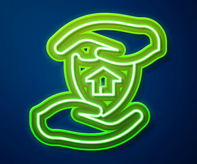 Poster - Glowing neon line House with shield icon isolated on blue background. Insurance concept. Security, safety, protection, protect concept. Vector