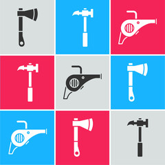 Sticker - Set Wooden axe, Claw hammer and Leaf garden blower icon. Vector