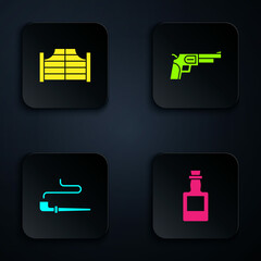 Poster - set tequila bottle, saloon door, smoking pipe and revolver gun. black square button. vector