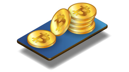 Wall Mural - Isometric cellphone with gold bitcoin btc coins stack isolated on white background.