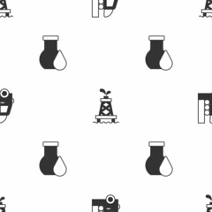 Set Gas tank for vehicle, Oil rig and petrol test tube on seamless pattern. Vector