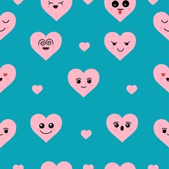 Wall Mural - Kawaii hearts, set of cute emoji icons, stickers. Hand drawn emotional cartoon characters. Cute love characters with different faces, funny positive emotions. Blue background.