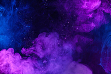 Wall Mural - shiny glitter particles in clouds of pink and blue neon colorful smoke abstract background