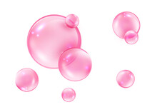 Pink Bubbles On White Background. Collagen Bubbles. Fizzy Sparkles. Bubble Gum