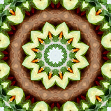Kaleidoscope, Mandala, Abstract Pattern, Cucumbers And Tomatoes On A Wooden Board