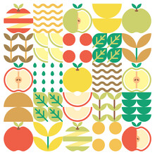 Apple Icon Abstract Artwork. Design Illustration Of Colorful Apple Pattern, Leaves, And Geometric Symbols In Minimalist Style. Whole Fruit, Cut And Split. Simple Flat Vector On A White Background.