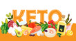 Keto diet banner. Ketogenic diet background with keto high fat and low carb products. Set of healthy keto lchf foods in flat cartoon style with title